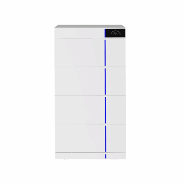 Czteropoziomowa bateria DEYE AI-W5.1-B 5,12 kWh z pionową linią LED i małym wyświetlaczem u góry, na białym tle.