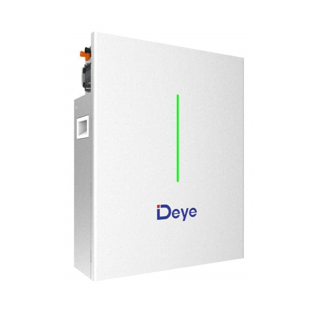 Bateria Deye RW-F10.2 51,2 V 200 Ah frontem: gładka biała powierzchnia, centralny zielony pasek i niebieskie logo, na białym tle.