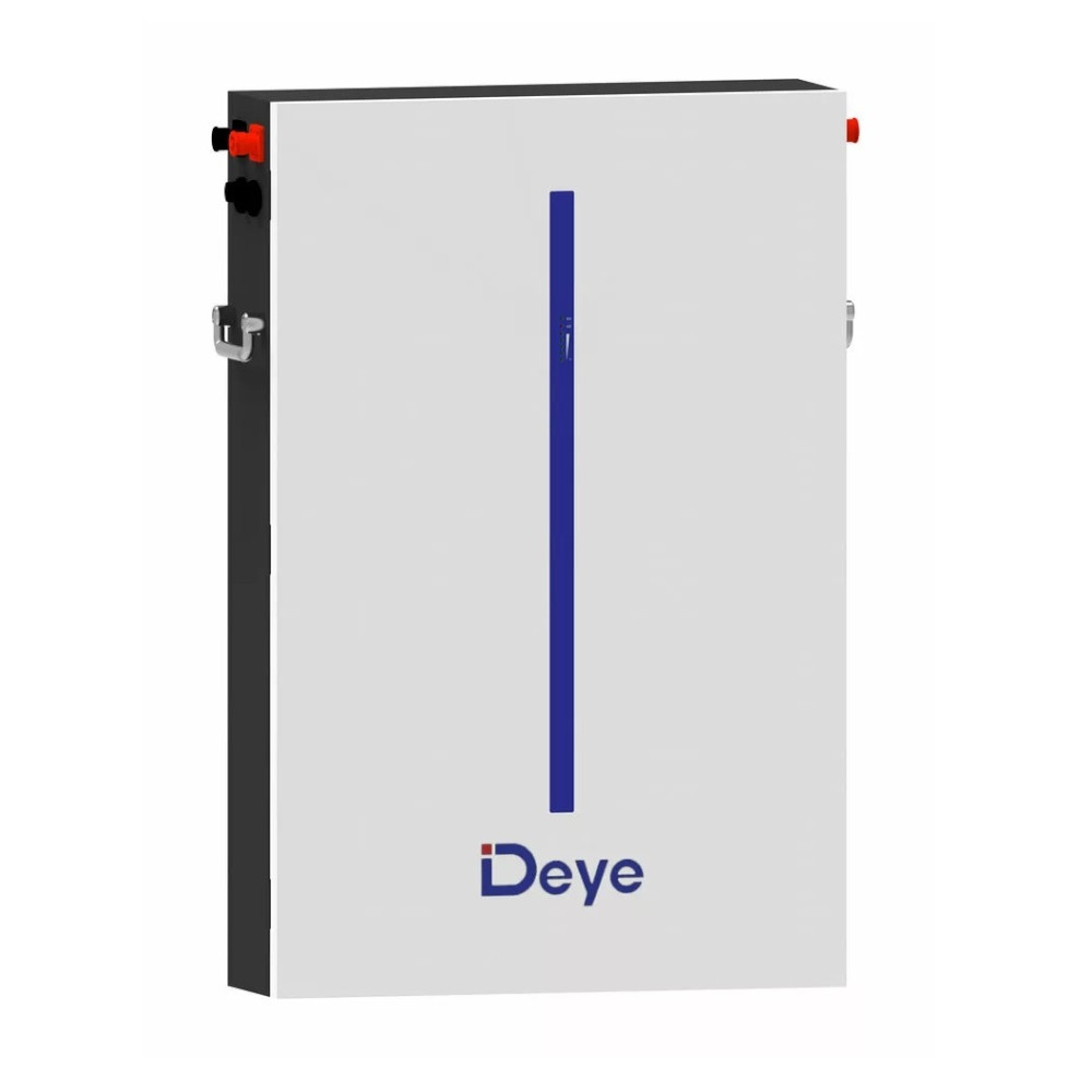 Bateria Deye RW-M6.1-B 51,2 V 120 Ah 6,14 kWh bokiem: czerwone i czarne przyłącza oraz boczne uchwyty, na białym tle.