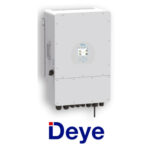 Widok z boku hybrydowego falownika Deye SUN-5K-SG04LP3 EU 5 kW na białym tle, szara obudowa, panel LCD na środku i złącza niskonapięciowe u dołu.
