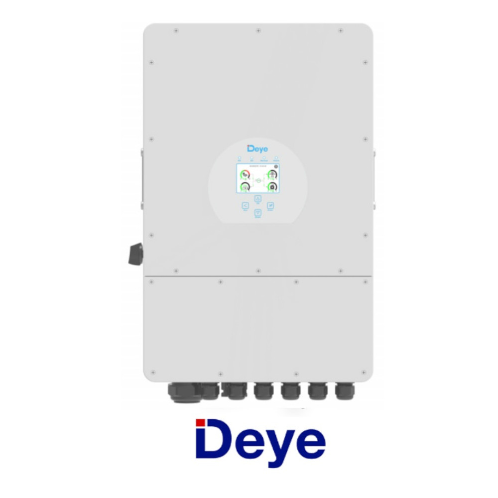 Frontowy widok hybrydowego falownika Deye SUN-5K-SG04LP3 5 kW na białym tle, panel LCD na środku i porty niskonapięciowe u dołu.