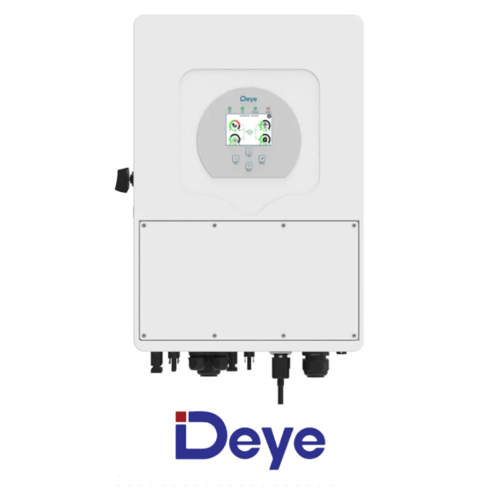 3-fazowy falownik hybrydowy Deye SUN 12 kW SG01HP3 EU-AM2, wysokonapięciowy, biała obudowa, wyświetlacz LCD i porty kablowe.