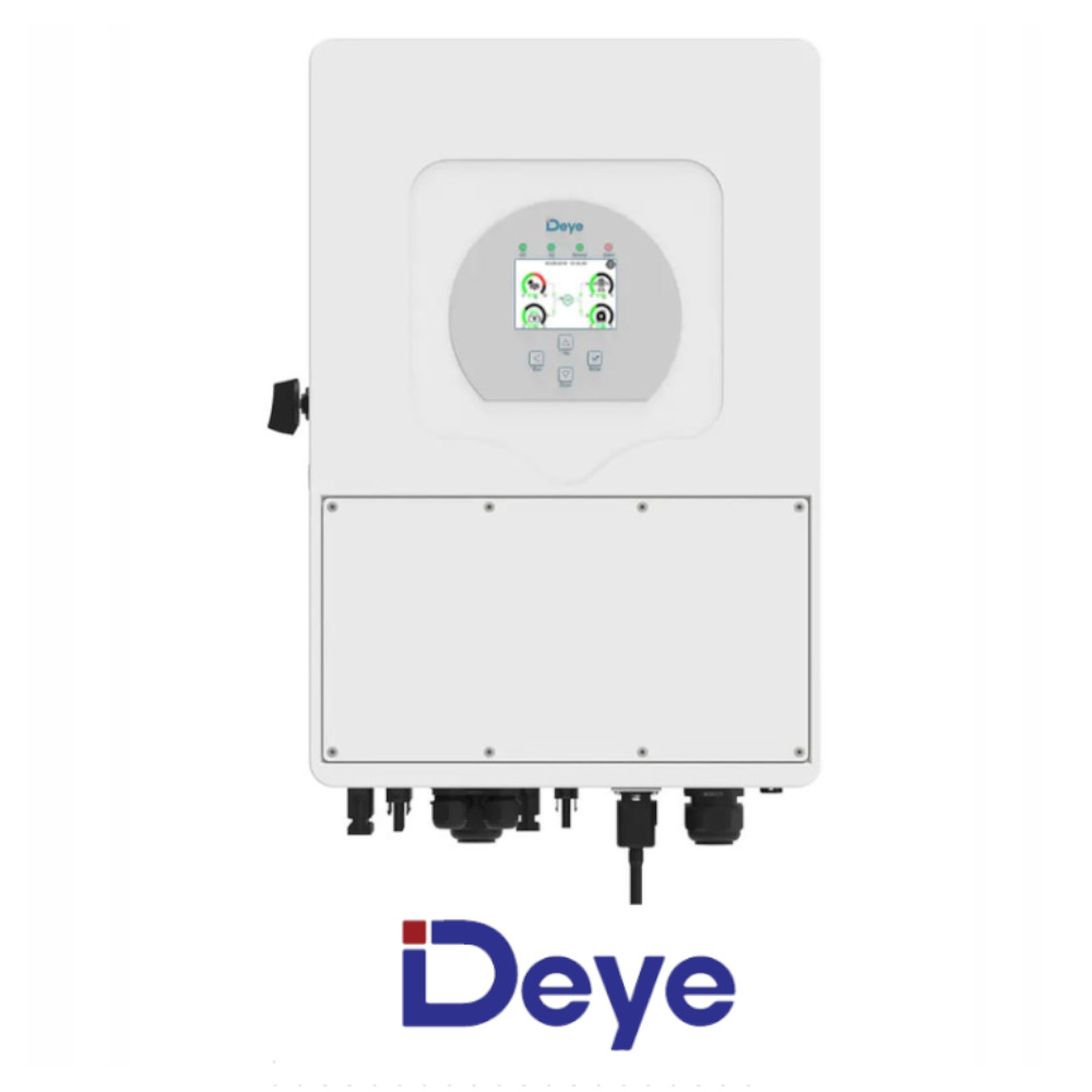 Falownik Deye SUN 15 kW SG01HP3 EU-AM2 3-fazowy na białym tle, wysokonapięciowy, biały, czytelny wyświetlacz i dolne gniazda.