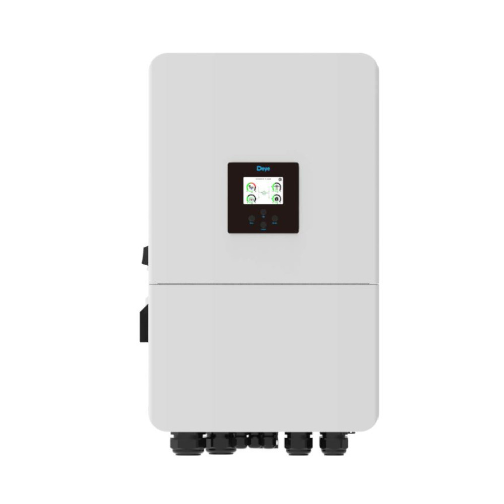 Frontowy widok hybrydowego falownika Deye SUN 20K SG05LP3 EU 20 kW na białym tle, panel LCD i porty kablowe.