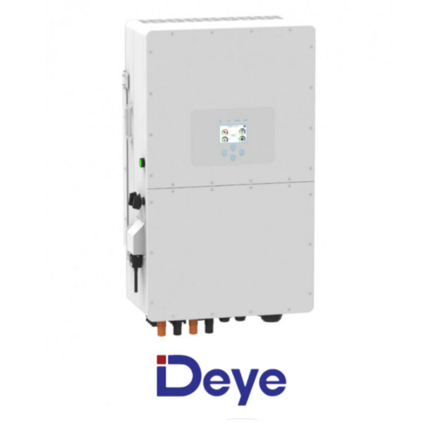 Przód hybrydowego falownika DEYE SUN-40 kW SG01HP3 EU BM4, 3-fazowy wysokonapięciowy, ekran LCD i dolne złącza, na białym tle.