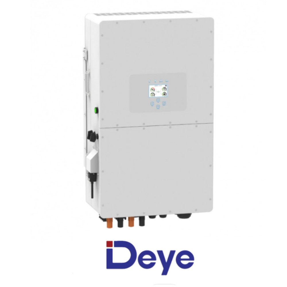 Przód hybrydowego falownika DEYE SUN-40 kW SG01HP3 EU BM4, 3-fazowy wysokonapięciowy, ekran LCD i dolne złącza, na białym tle.
