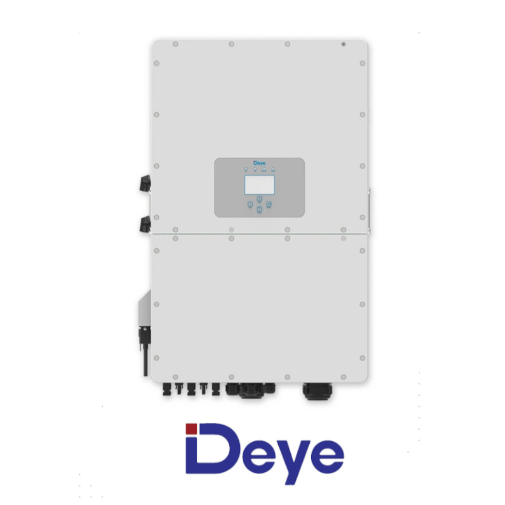 Przód falownika DEYE SUN-50 kW SG01HP3 EU BM4 3-fazowego, panel LCD z przyciskami i dolne porty, na białym tle.