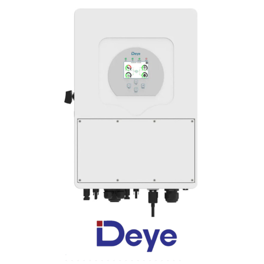 DEYE SUN-6 kW SG01HP3 EU-AM2 3-fazowy falownik hybrydowy HV – biały frontalny widok z panelem LCD i portami dolnymi.