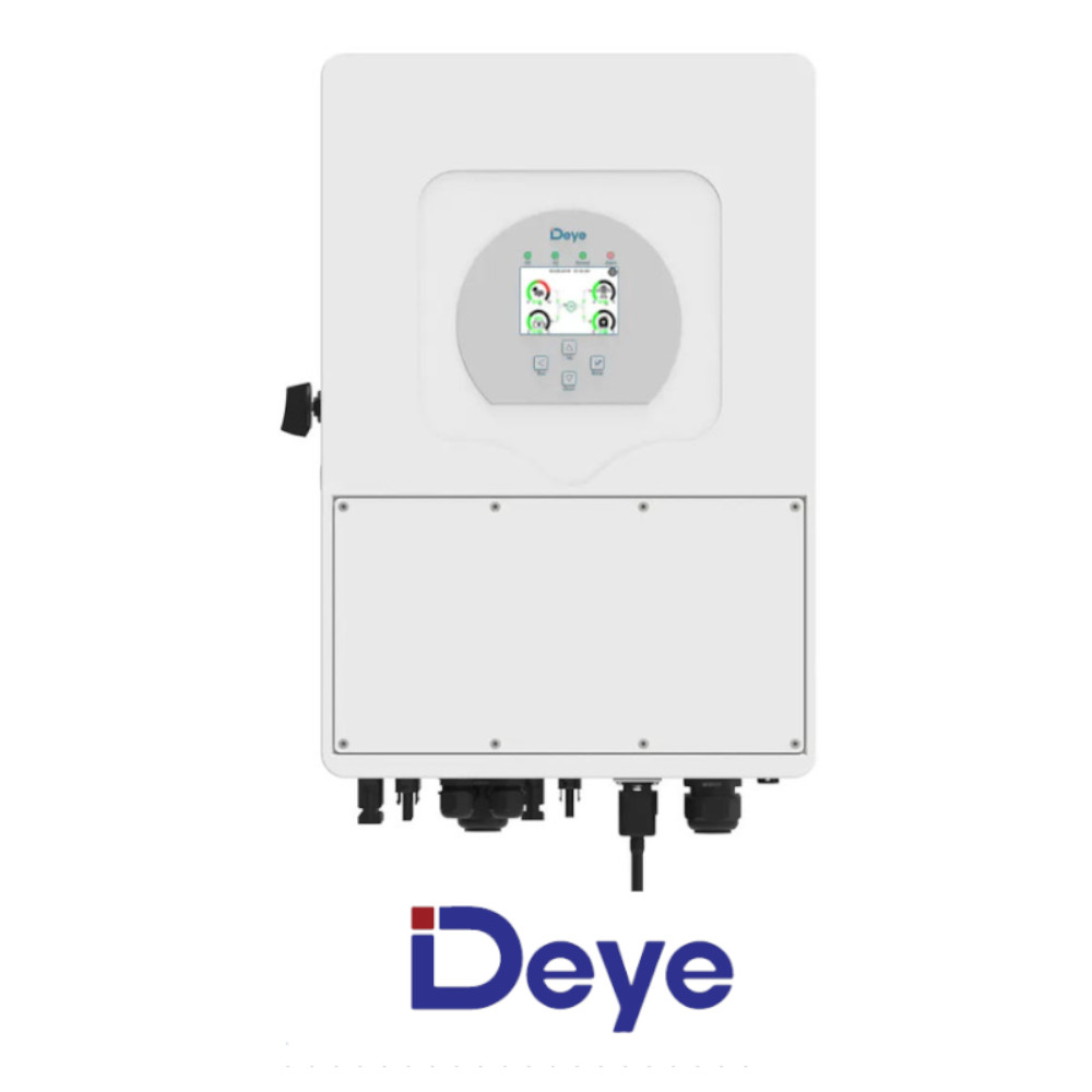 Frontowy widok hybrydowego falownika Deye SUN 8 kW SG01HP3 EU-AM2, 3-fazowy, biała obudowa z panelem LCD i portami kablowymi.
