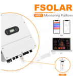 Felicity T-REX-KLP3G01 10 kW hybrydowy falownik z Wi-Fi Smart Meter na białym tle, aplikacja do monitoringu na PC i smartfon.
