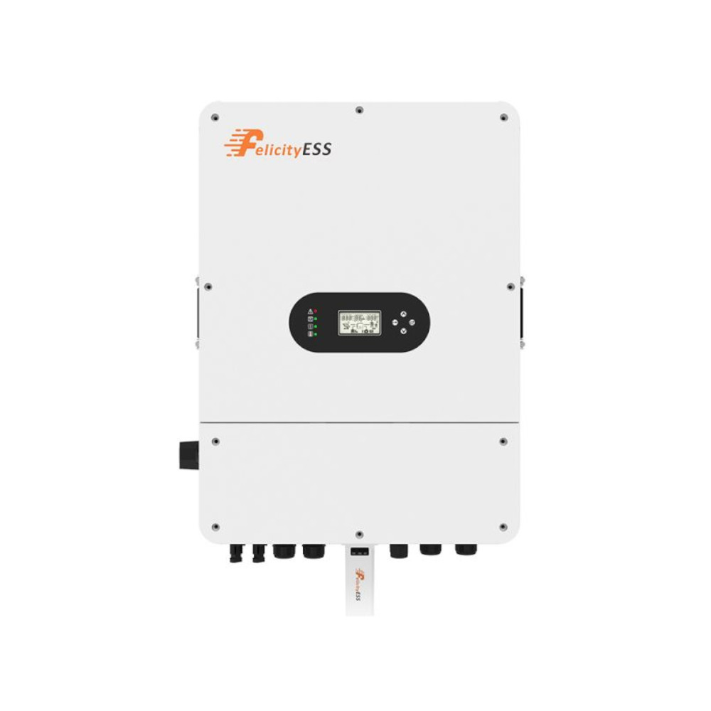 Przód falownika Felicity T-REX-KLP3G01 10 kW ze SmartMeter na białym tle, smukła biało-szara obudowa z portem Wi-Fi u dołu.