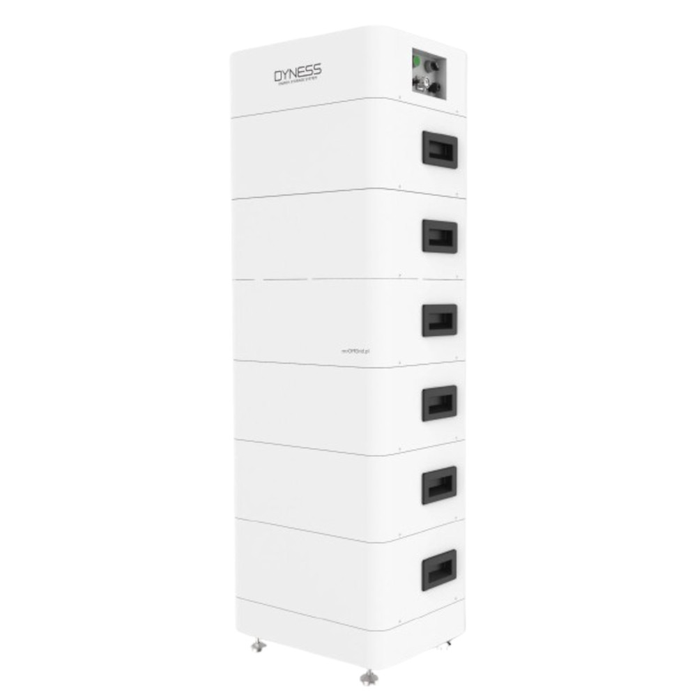 Wieżowa bateria Dyness Tower T21 21,31 kWh z 6 modułami, czarnymi portami bocznymi i metalowymi nóżkami.