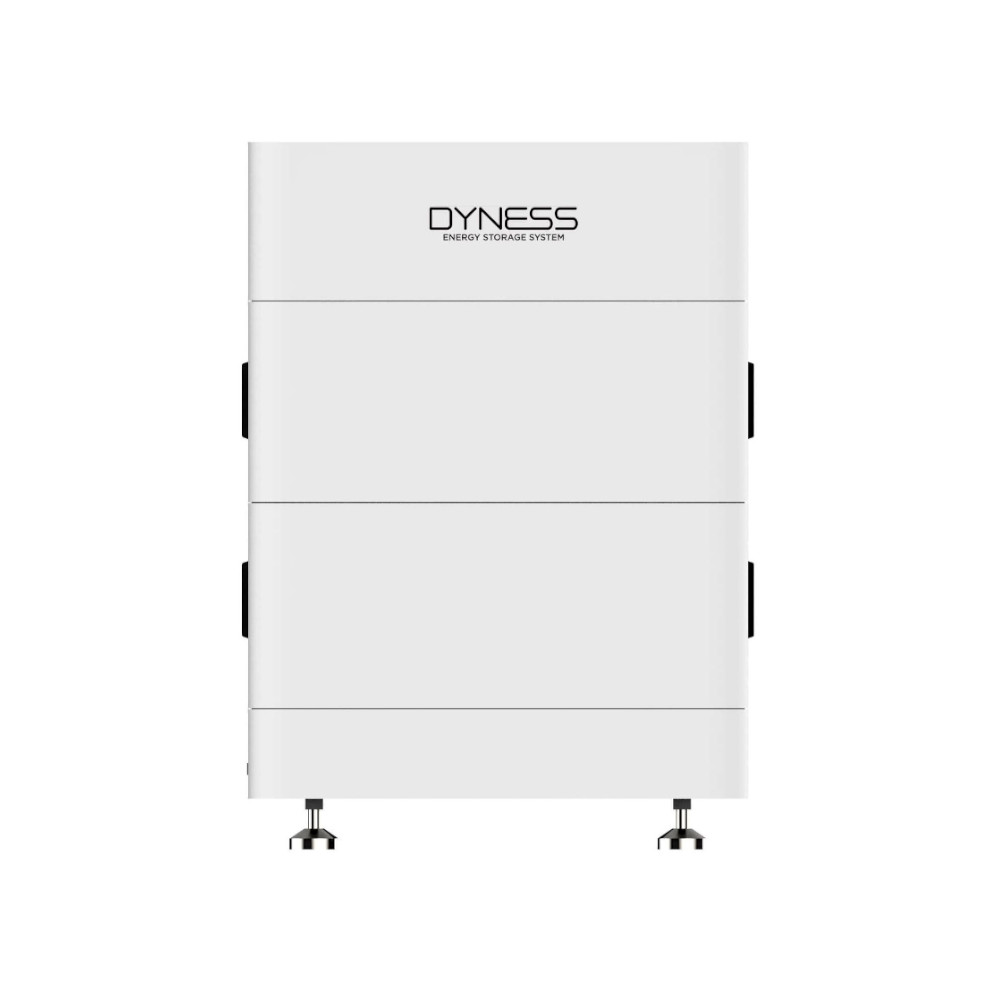 Trójmodułowy magazyn Dyness Tower T7 7,1 kWh biała obudowa z metalowymi nóżkami i bocznymi gniazdami, na białym tle.
