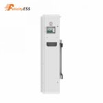 Bok magazynu FELICITYESS LUX-E-48200LG03 10,5 kWh LiFePO4 z panelem POWER, przełącznikiem ON/OFF i uchwytem na białym tle.