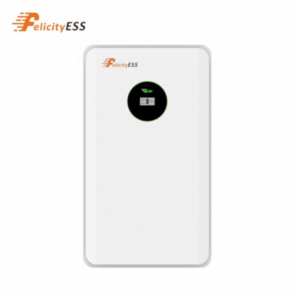 Prosty front magazynu FELICITYESS LUX-E-48250LG03 12,5 kWh LiFePO4 z wyświetlaczem w czarnym kole, na białym tle.