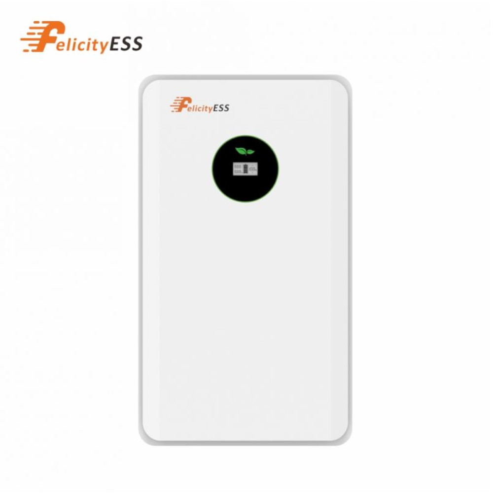 Prosty front magazynu FELICITYESS LUX-E-48250LG03 12,5 kWh LiFePO4 z wyświetlaczem w czarnym kole, na białym tle.
