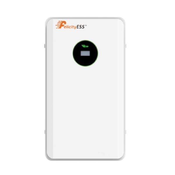 Magazyn energii FELICITYESS LUX-E-48100LG03 5,12 kWh LiFePO4 na białym tle, biała obudowa z okrągłym wyświetlaczem i logo.