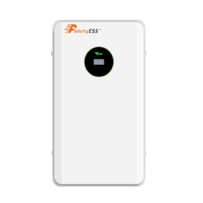 Magazyn energii FELICITYESS LUX-E-48100LG03 5,12 kWh LiFePO4 na białym tle, biała obudowa z okrągłym wyświetlaczem i logo.