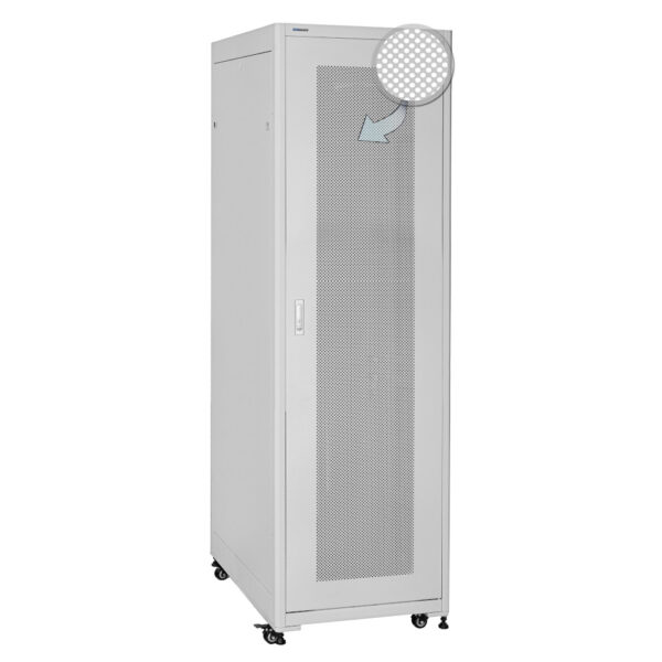 Szafa rack 19” SQ6842(DP)/W 42U z perforowanymi drzwiami, kółkami i regulowanymi prowadnicami, prezentowana na białym tle.