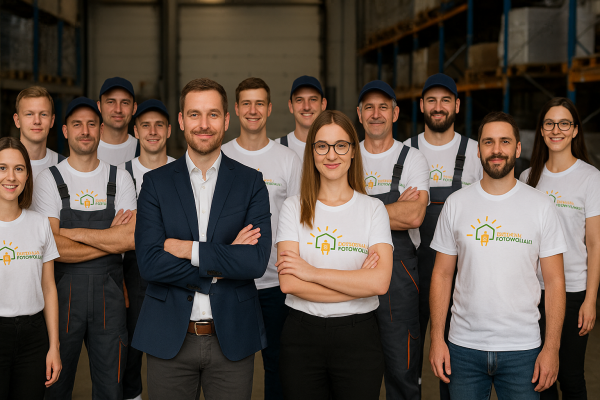 Grupa pracowników w magazynie: na przodzie mężczyzna w garniturze i kobieta w koszulce z logo, za nimi monterzy.